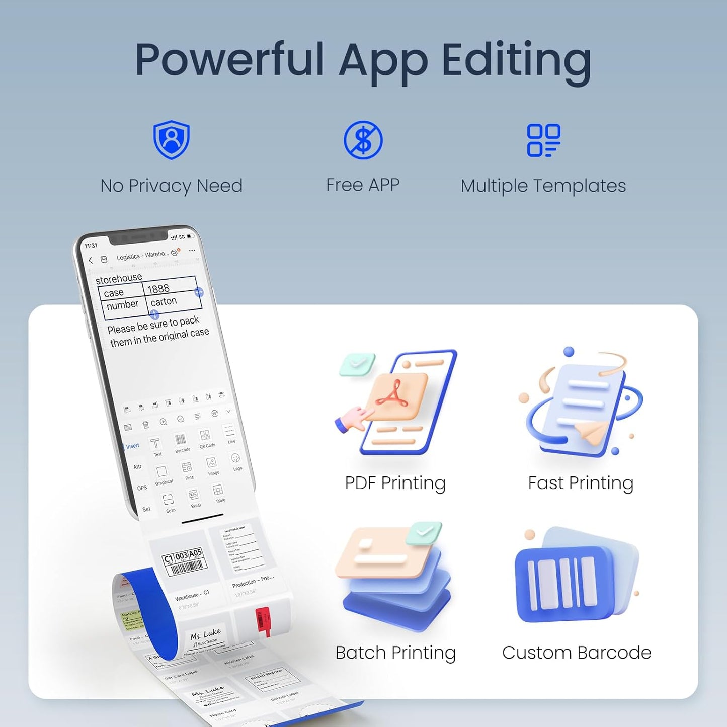 CLABEL Thermal Label Maker Machine: 221B Bluetooth Label Maker Mini Sticker Printer Barcode Printer Inkless Label Maker Compatible with Clothing Price Labeling with 1 Roll of 50x30mm Label(Gray White)