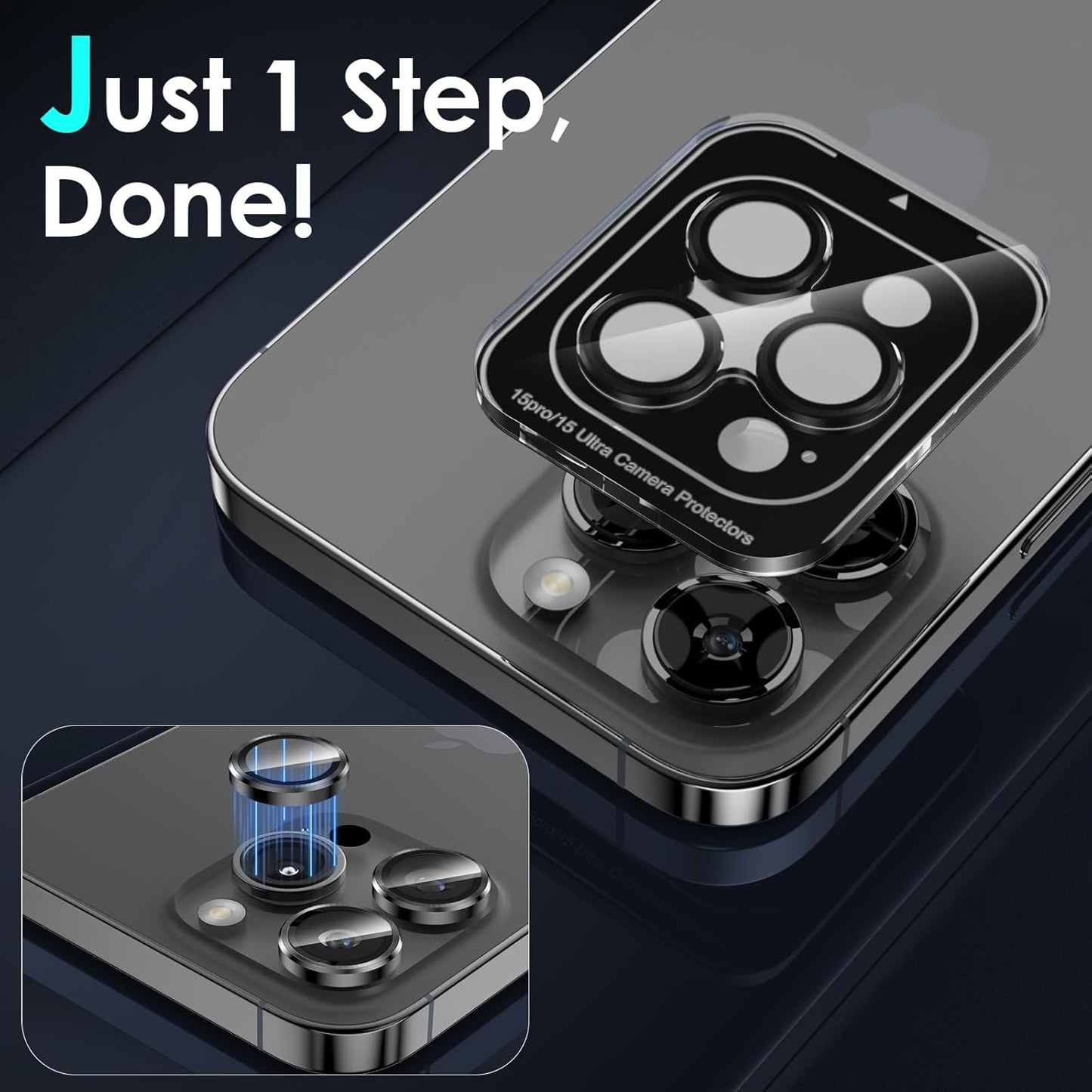 YWXTW Camera Lens Protector for iPhone 15 Pro/iPhone 15 Pro Max, [1 Step Installation Tray] Tempered Glass Screen Protector Metal Individual Camera Cover Accessories Case Friendly (Black Titanium)