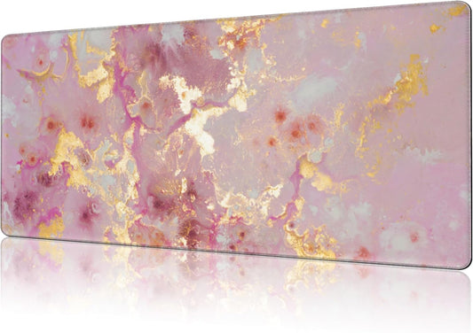 Mouse Pad Large Pink and Gold Marble Non-Slip Gaming Desk Mat with Stitched Edge Laptop Keyboard Desk Pad for Work Home Gaming (35.4 x 15.7 Inches)