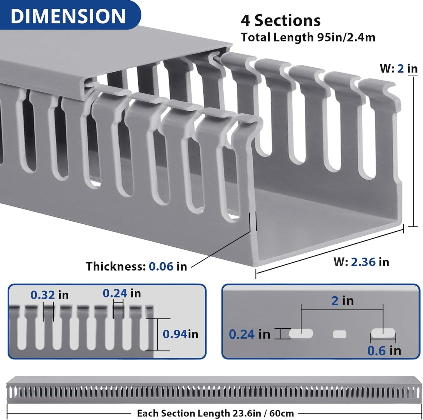 ZhiYo H2 x W2.4in Professional Server Rack Cable Management Raceway, 95in(4X L23.6in) Cable Raceway Kit, Electrically Safe PVC, Open Slot Wire Cord Hider for Under Desk/Computer/Network Cords