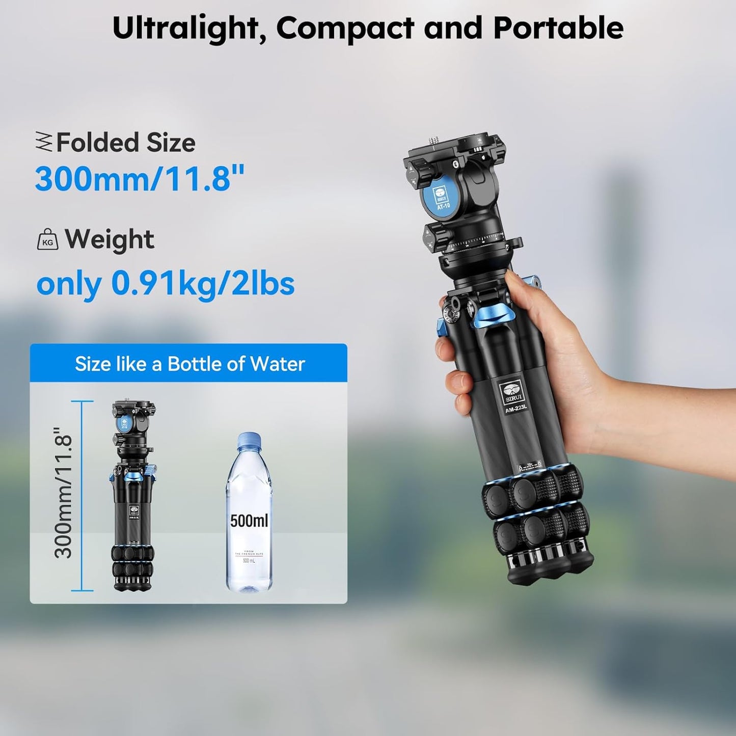 SIRUI AM-223L Carbon Fiber Mini Tabletop Tripod Kit, Compact Lightweight with AT-10 Fulid Video Head, Max Load 5kg/11.02lb for Cameras, DSLR (AM-223L+AT-10)