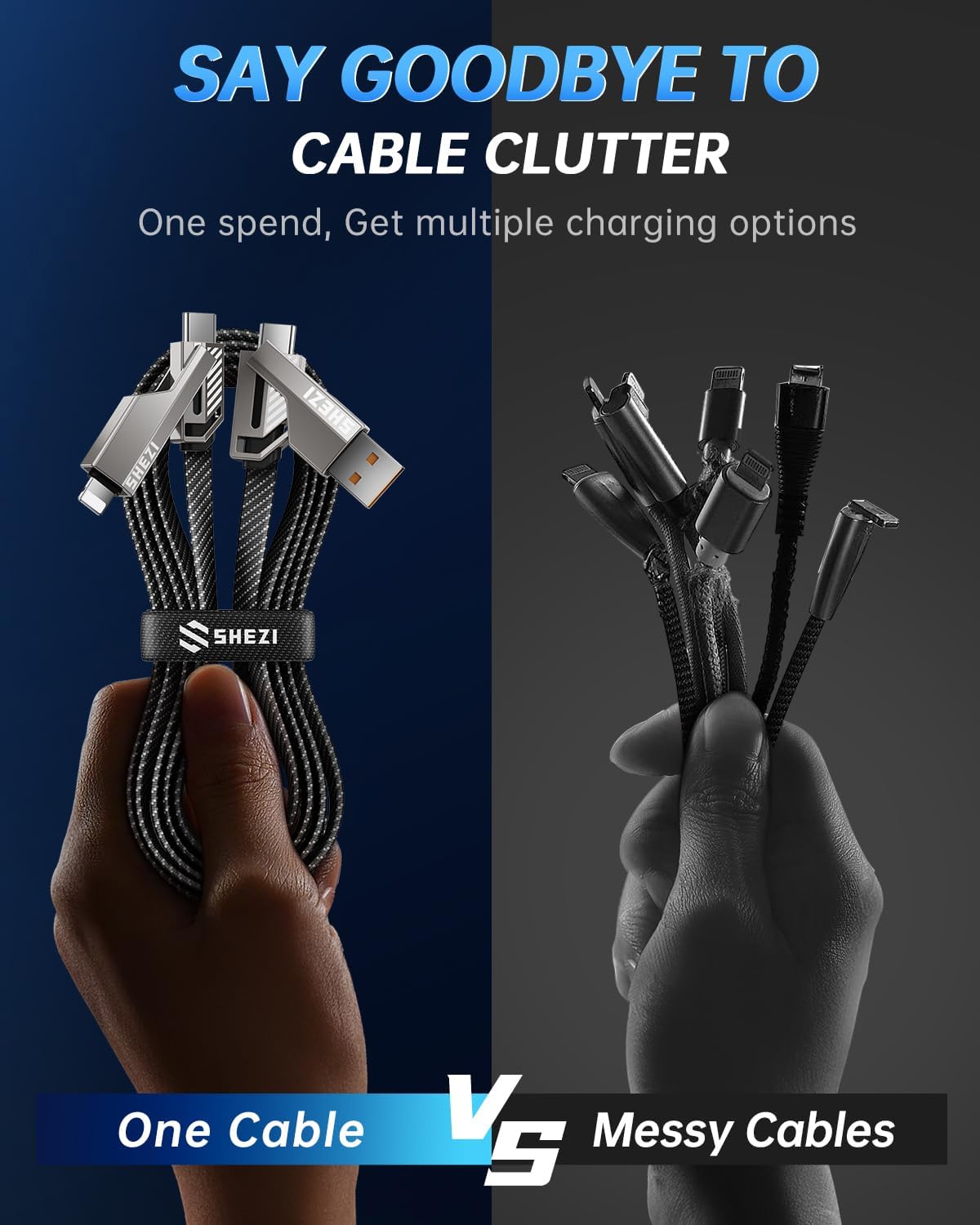 4-in-1 USB C Cable 45W 3FT Lightning Cable Fast Charging Flat Nylon Braided for iPhone iPad Charger Cord [480Mbps Data Sync] Multi Charge Cable Combo with Lightning/Type C/USB A Port