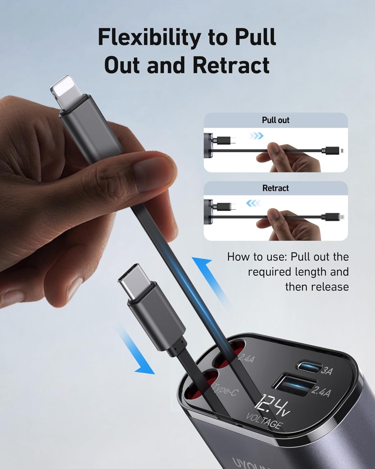 Car Phone Charger Adapter 2Pack Retractable Car Charger 4in1 Fast Charging Dual Retractable Cables 31.5 Inch Multiple Ports Charging Station Compatible with iPhone 16/15/14/13/12/11 Pro Max/Samsung