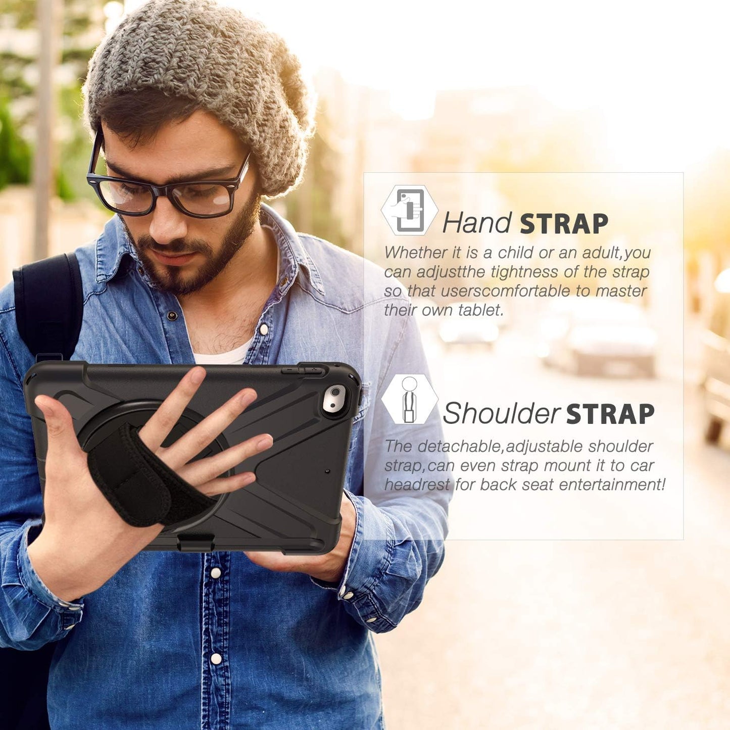BRAECN iPad mini 5 Case,iPad mini 4 Case, Heavy Duty Shockproof Protective Rugged Case with Pencil Holder,Hand Strap,Kickstand, Shoulder Strap for iPad mini 5th/4th Generation 7.9 Inch for Kids-Black