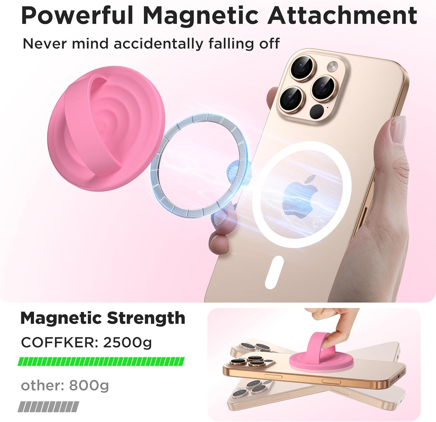Magnetic Phone Ring Grip Holder, Silicone Finger Loop Grip, Compatible with MasSafe, Back of Phone for iPhone Pro Max/Plus/16/15/15/14/13/12 Series, Tender Pink