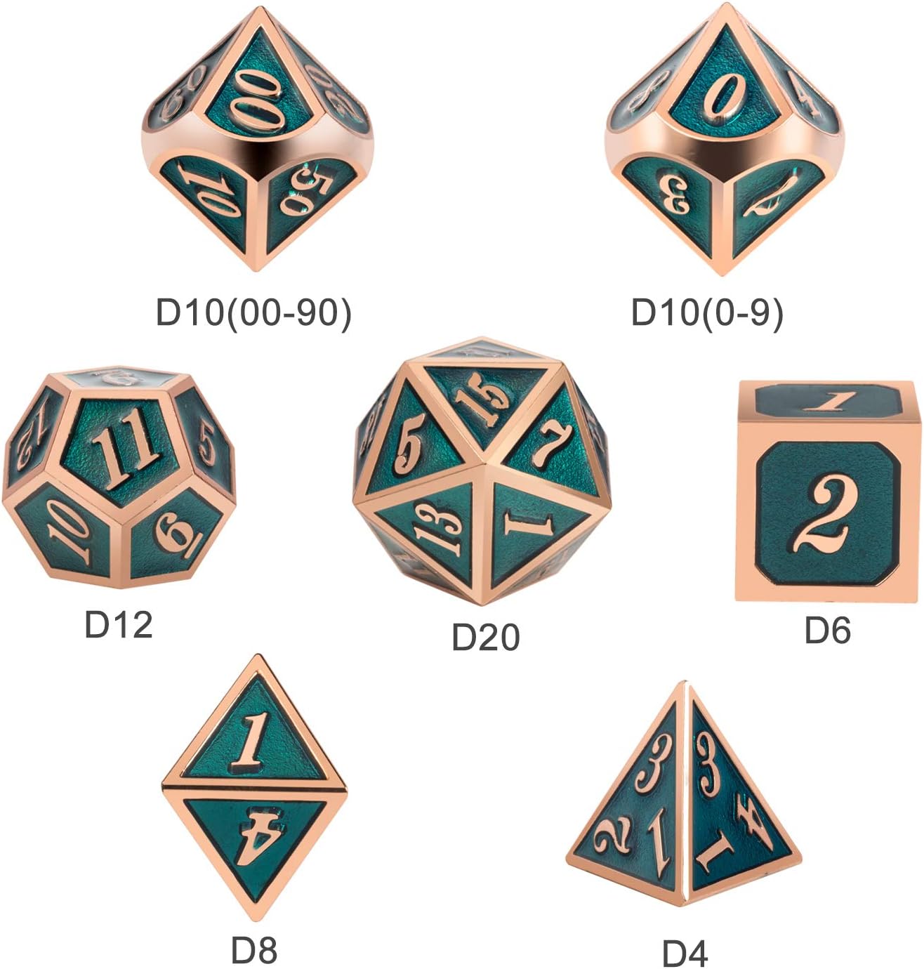 Teal D&D Metal Dice Set,DNDND 7 PCS Metallic Dungeons and Dragons Dice with Free Metal Case for D&D Game Role Playing (Teal and Copper)