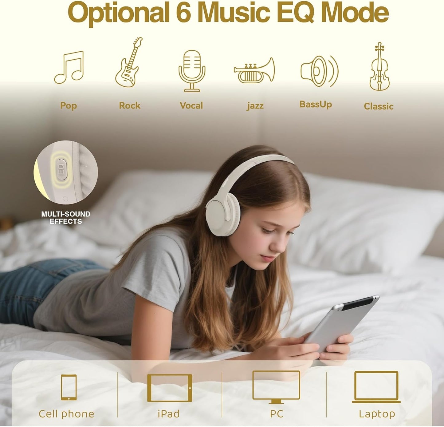 MIDOLA Bluetooth Headphones Over Ear 68H Playtime 6 EQ Wireless Headset with Microphone HiFi Stereo Foldable Lightweight Deep Bass for Travel Home Office Cellphone Milk White