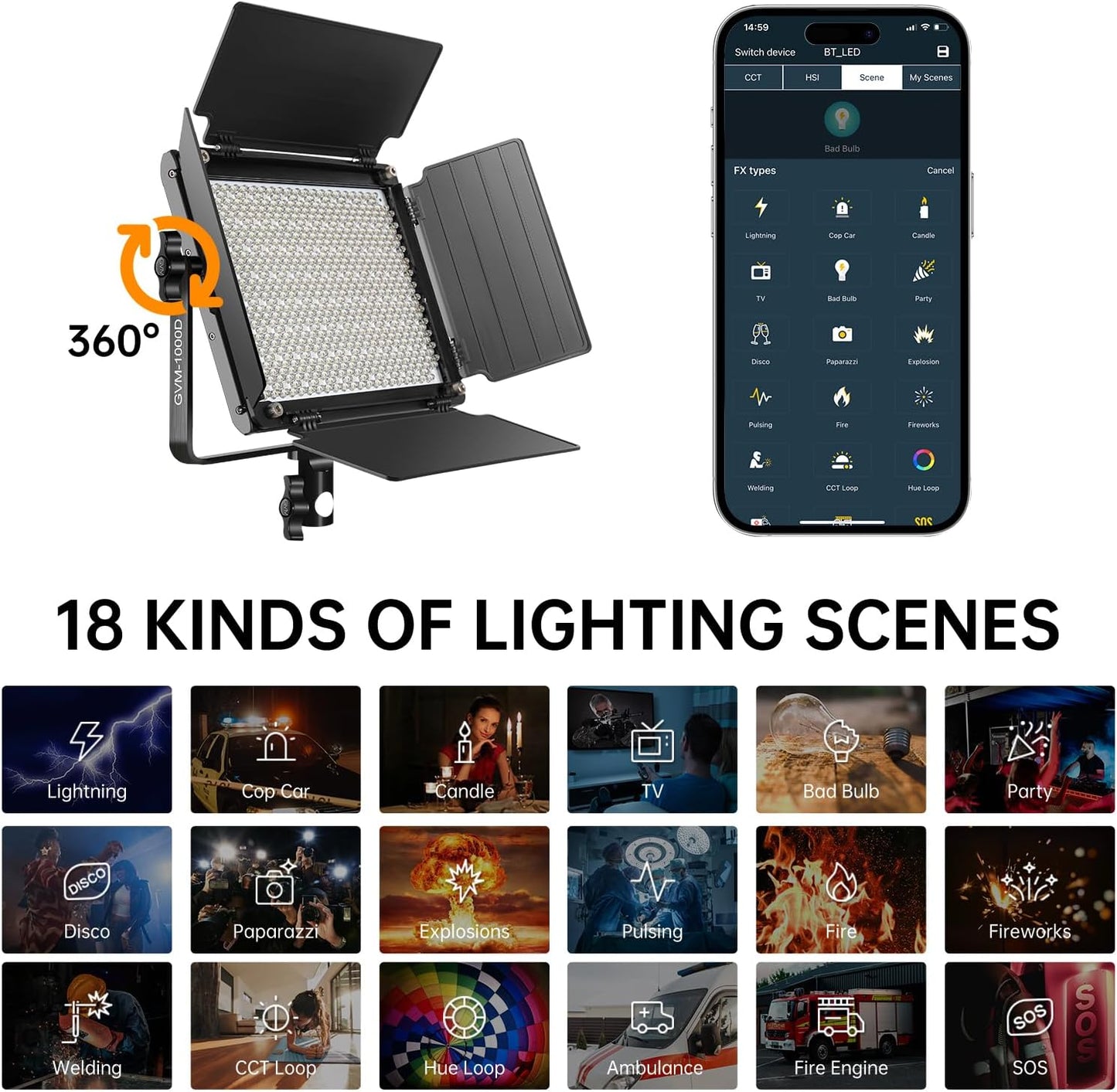 RGB Full Color LED Video Light, GVM 3 Pieces Photography Lighting Kit with APP Control, for YouTube Studio, Video Shooting, 3200-5600K/CRI 97/8 Kinds of The Scene Lights, with U Bracket and Barn Door