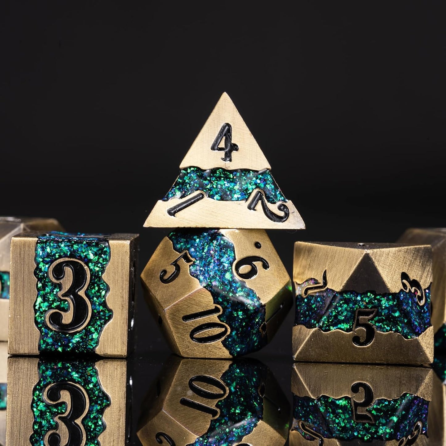 Metal RPG Dice Set,Mica Glitter Stripe Dice DND,Antique Bronze Dice 7pcs Set for Dungeons and Dragons