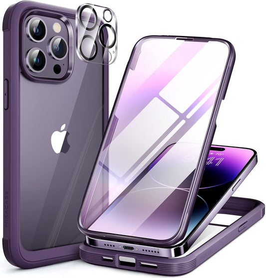 Miracase Glass Series Designed for iPhone 14 Pro Case 6.1 Inch, Upgrade Full-Body Bumper Case with Built-in 9H Tempered Glass Screen Protector, with Camera Lens Protector, Dark Purple
