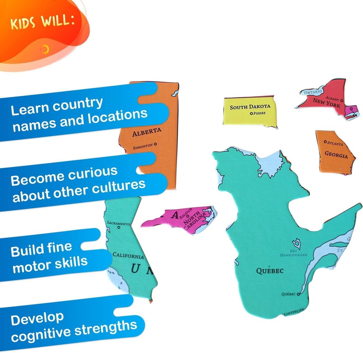 GeoToys GeoPuzzle, USA & Canada Shaped Jigsaw Puzzles, 69 Pc Geography Puzzle, Geography Game, Map Puzzle - Jigsaw Puzzles for Kids Ages 6-9 Years Old