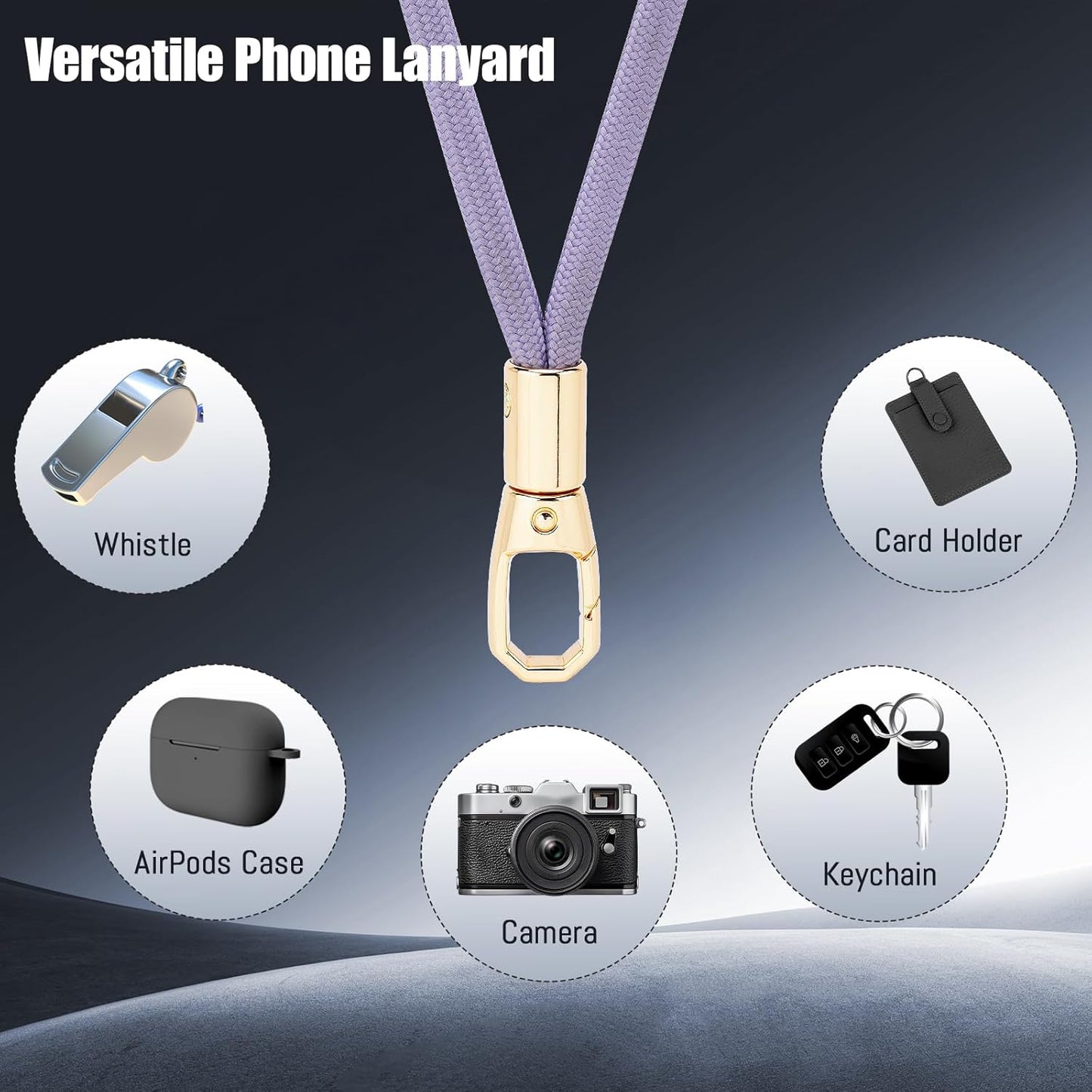 Phone Lanyard 2 Pack, 2x Adjustable Crossbody Phone Strap, 2x Tether Tab, Anti-theft Universal Cellphone Multifuctional Patch Lanyards for iPhone & Most Smartphones, Silver Grey + Purple