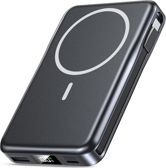 Magnetic Portable Charger, 10000mAh Power Bank, 5 in 1 Portable Charger with Built in Cable, 20W Fast Charging for Magsafe Battery Pack Compatible with iPhone 16/15/14/13 Pro/Pro Max, Samsung Series