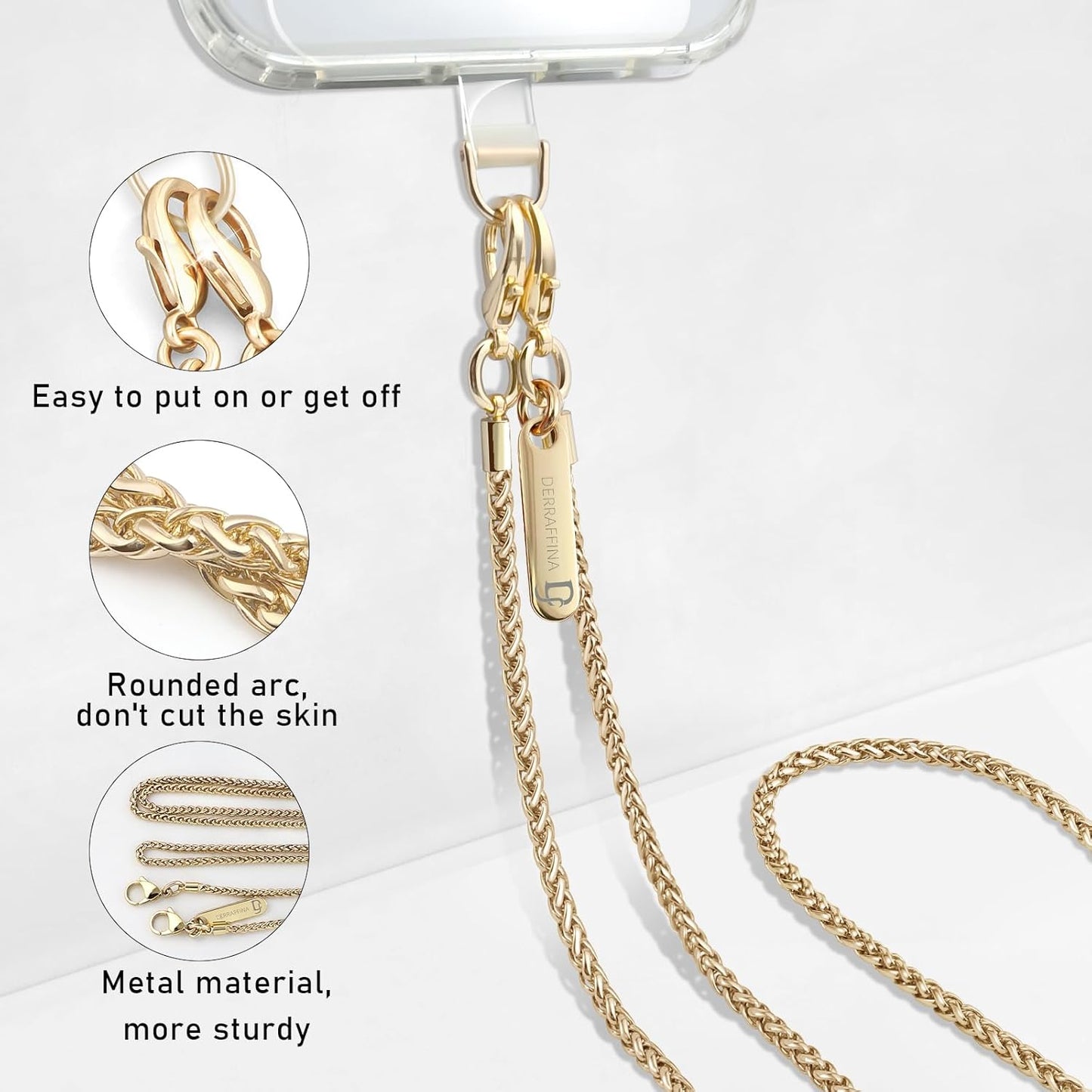 Metal Phone Chain, Crossbody Detachable Phone Lanyard with 1*Wrist Strap & 2* Tether Tabs for iPhone and Smartphones (Gold,Long)