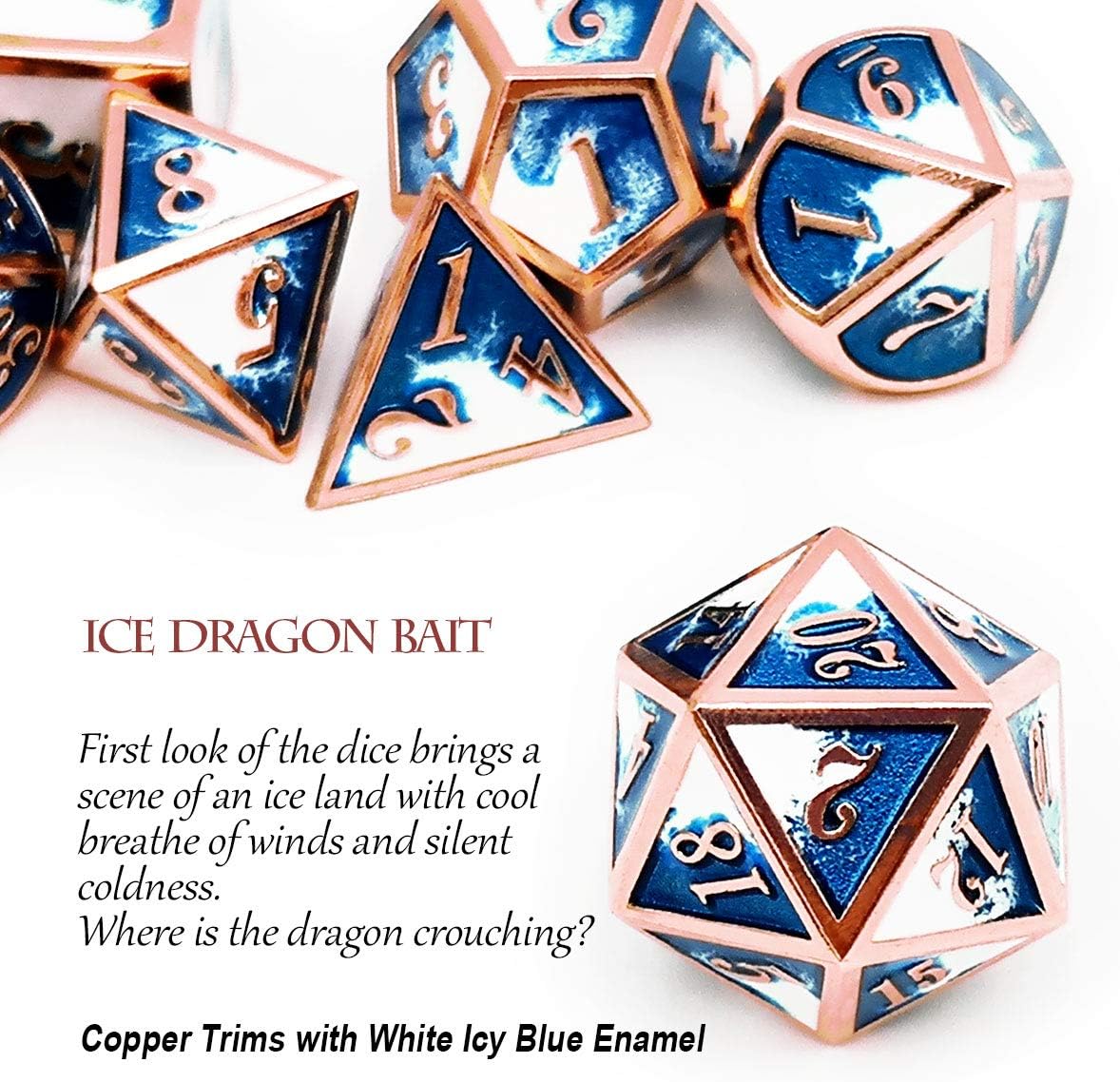 Haxtec Metal DND Dice Set Copper Blue White D&D Dice with Leather Dice Bag Compatible with Dungeons and Dragons RPG-Ice Dragon Bait