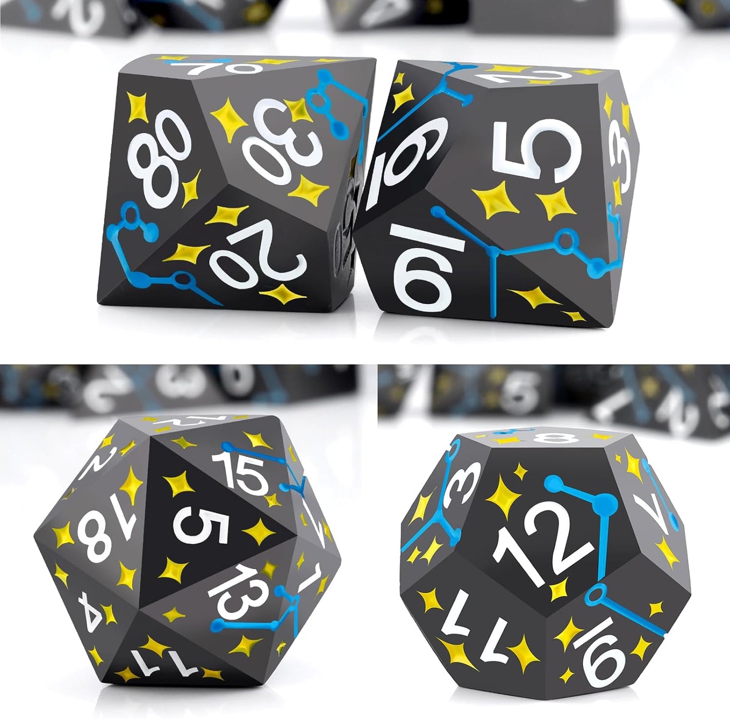 PJOY Metal Dice Set D&D Star DND Dice Set Polyhedral Dice for RPG Role Playing Games Dungeons and Dragons TTRPG Black Yellow Blue DND Dice for DND Gamers