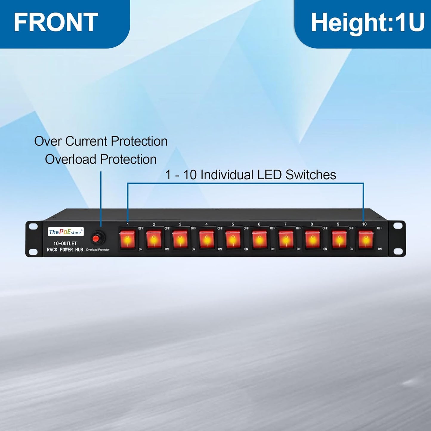 10 Outlets Horizontal 1U PDU Rackmount Power Strip - 10 Individual Led Switches, 100V-250V-1800 Joules, w/ 6 ft Power Cord for Office、Home and Network Server
