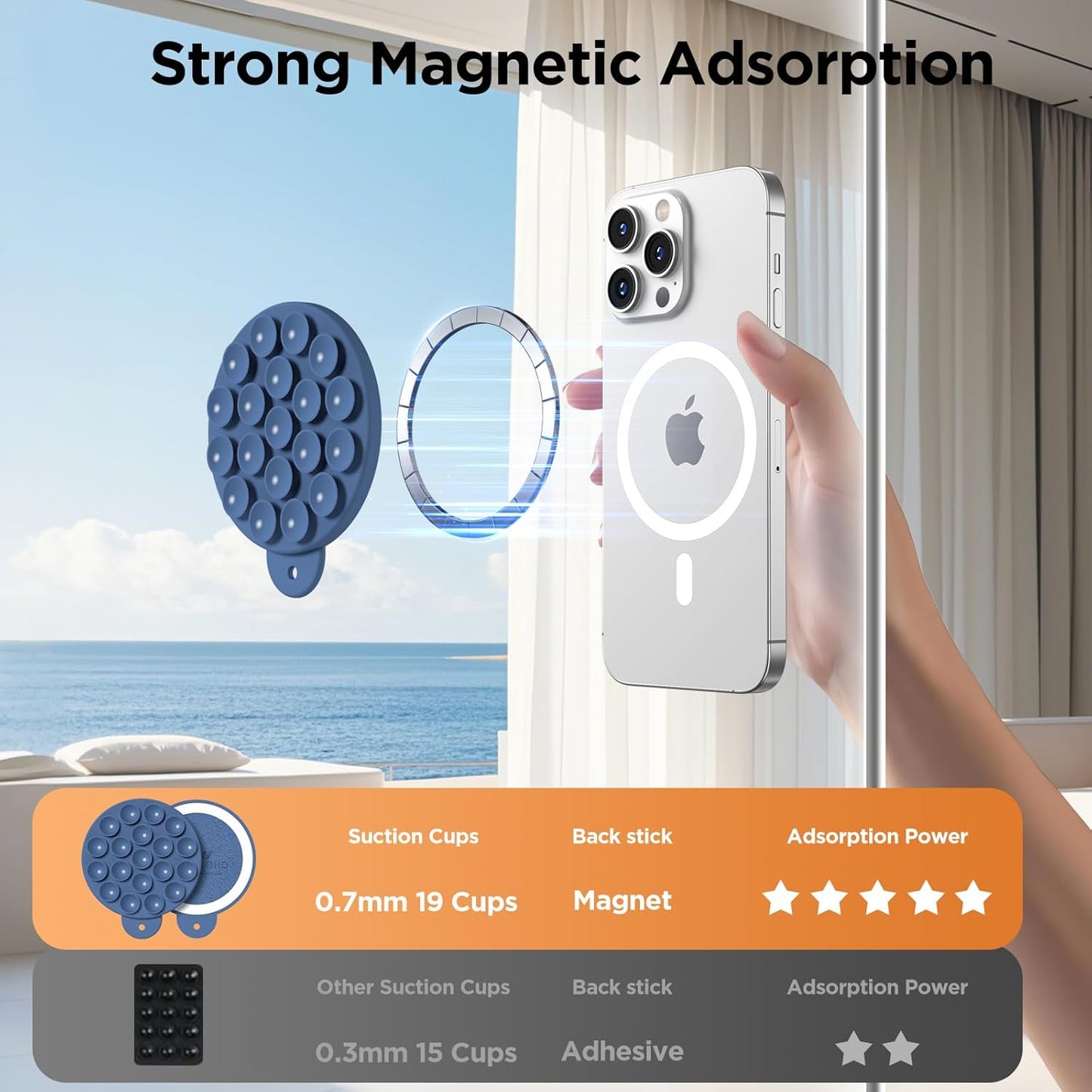 Magnetic Suction Cup Phone Mount for MagSafe Case, Silicone Hands-Free Grip Holder for iPhone and Android, Mirror Shower Phone Stand for Makeup FaceTime Gym Kitchen Bathroom, Azure Blue