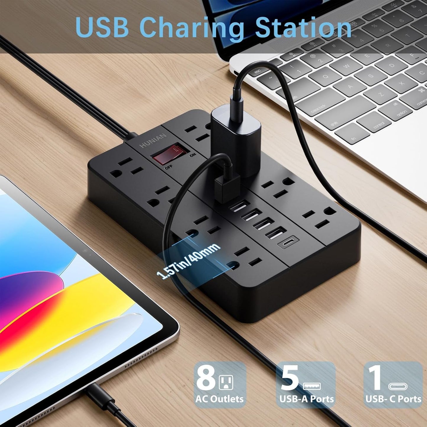 15 Ft Long Extension Cord Power Strip Surge Protector, HUNIAN Flat Plug with 8 Widely Spaced Outlets 6 USB, Wall Mount Charging Station for Home and Office, Black