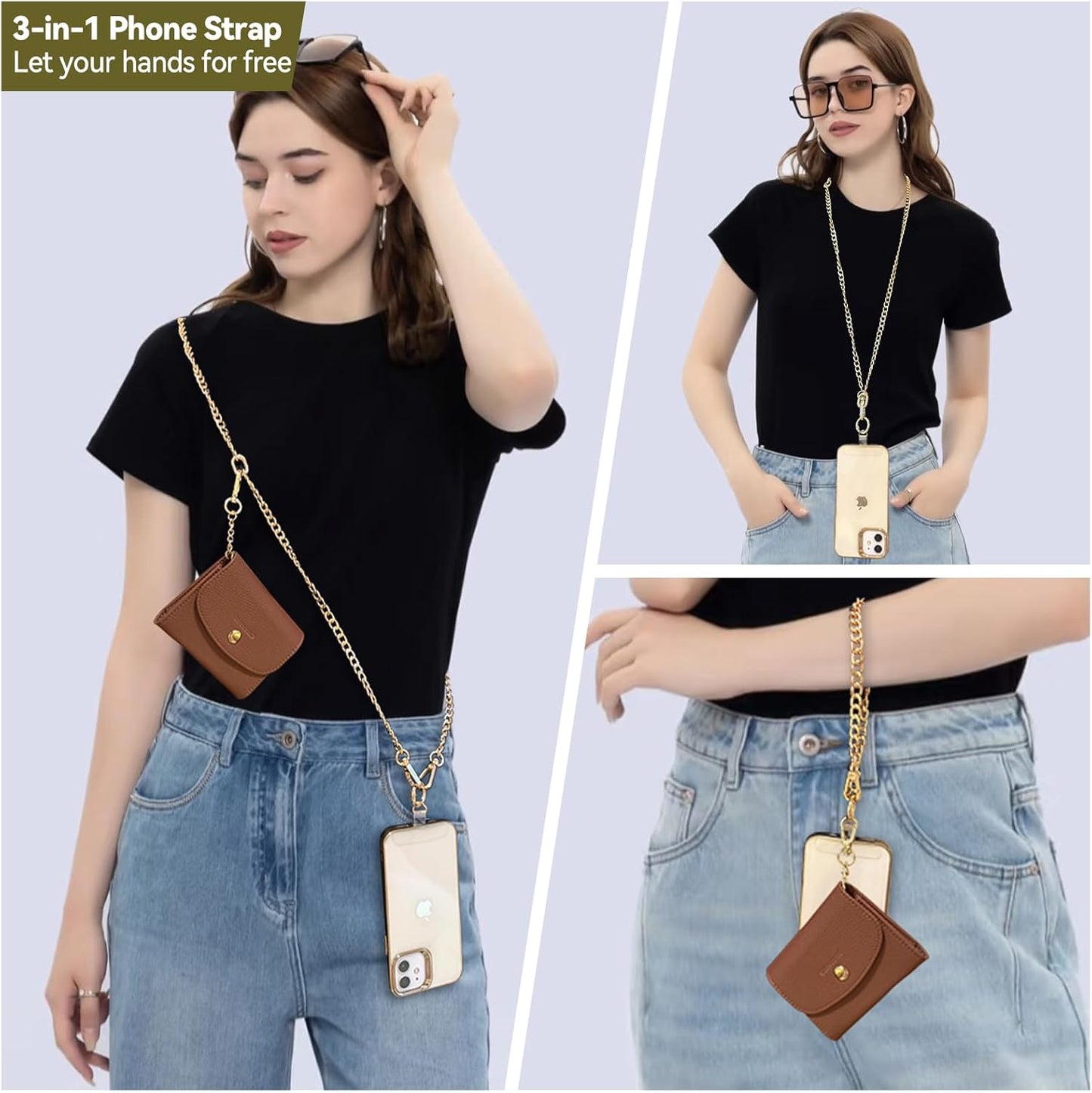 Clip and Go Strap for Phone with Wallet Metal Gold Chain Crossbody Phone Lanyard for Women Adjustable Detachable Wristlet Charm Small Purse Leather Card Holder Zipper with iPhone Stand 2 Patches Brown