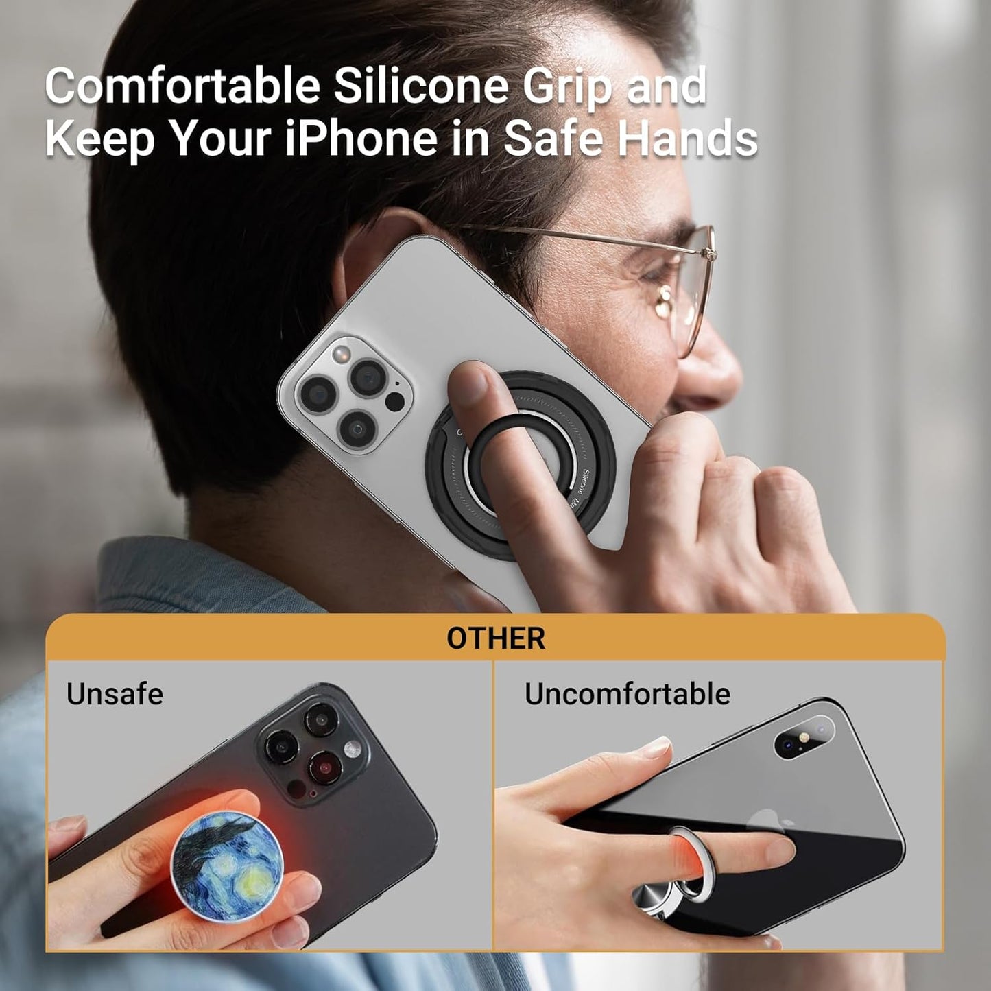 OPSO Magnetic Phone Ring Holder for MagSafe, 360 Degree Rotation Silicone Finger Ring Grip Stand Holder, Adjustable Kickstand, Compatible with iPhone 16 15 14 13 12/Pro/Max, Samsung and All Smartphone