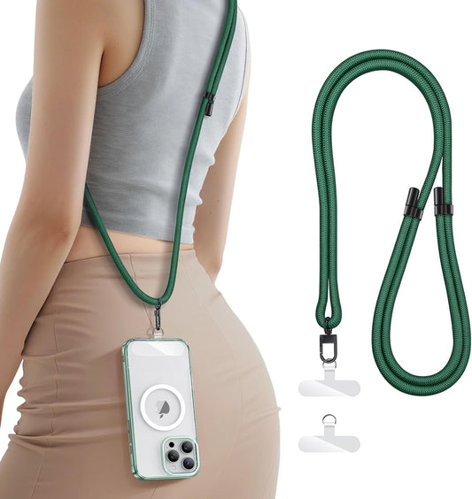 for Phone Lanyard Crossbody with 2X Clear Phone Tabs, Adjustable Anti Theft Phone Strap, Premium Metal Carabiner, Skin-Soft, Wrist Strap for iPhone Samsung Pixel Most Smartphones, Green