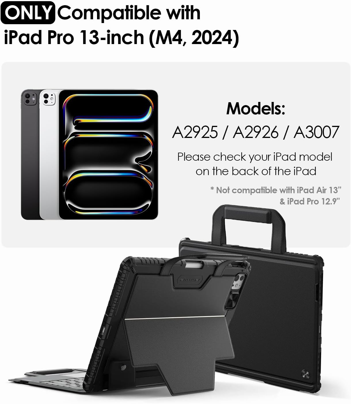 Nillkin Carry Go Keyboard Case for iPad Pro 13 inch (M4) 2024 with Handle, Rugged Case with Detachable Keyboard for iPad Pro 13, Magic Trackpad, 7 Colors Backlit, Camera Cover, Black