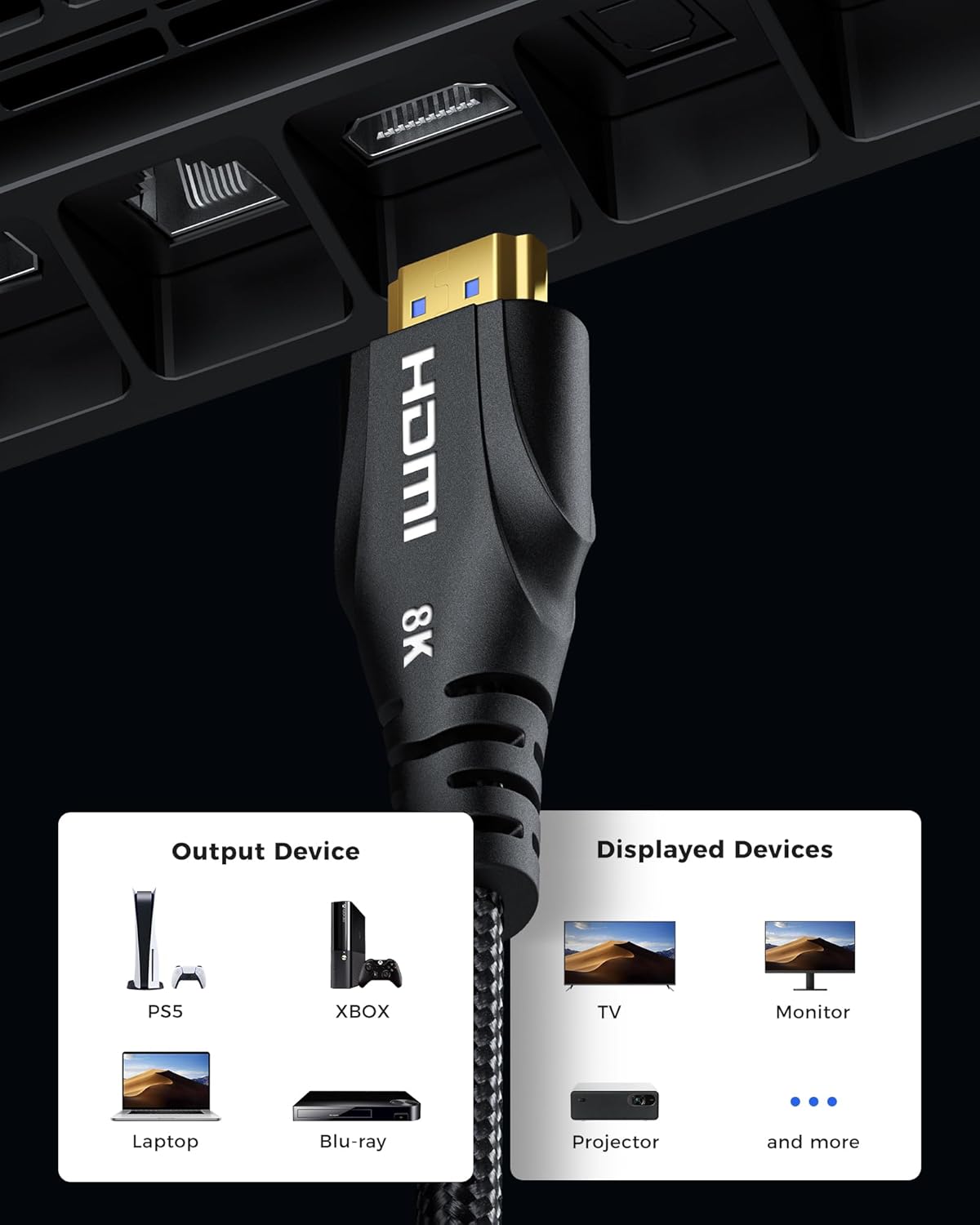 HDMI Cable 3.3FT 2Pack,Certified 8k Ultra High Speed HDMI Cable,48Gbps,8K 60hz,4K 120hz,Braided,eARC,HDCP 2.2&2.3,Compatible for PS5/PS4/Blu-ray/RTX 3080 3090
