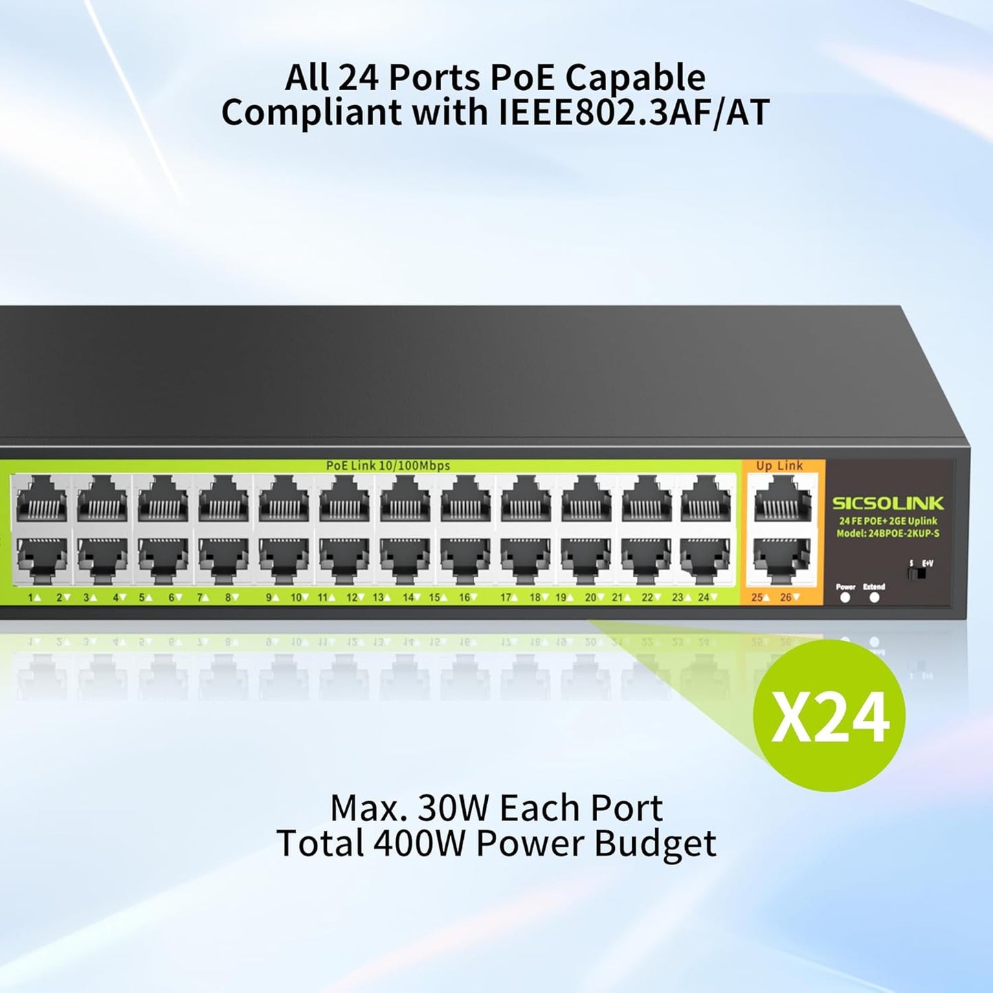 POE Switch with 24 Port POE + 2 Gigabit Uplink,802.3af/at PoE+ 100Mbps, 400W Built-in Power,Unmanaged, Extend to 250M for Security Camera System, AP, IP Phone.