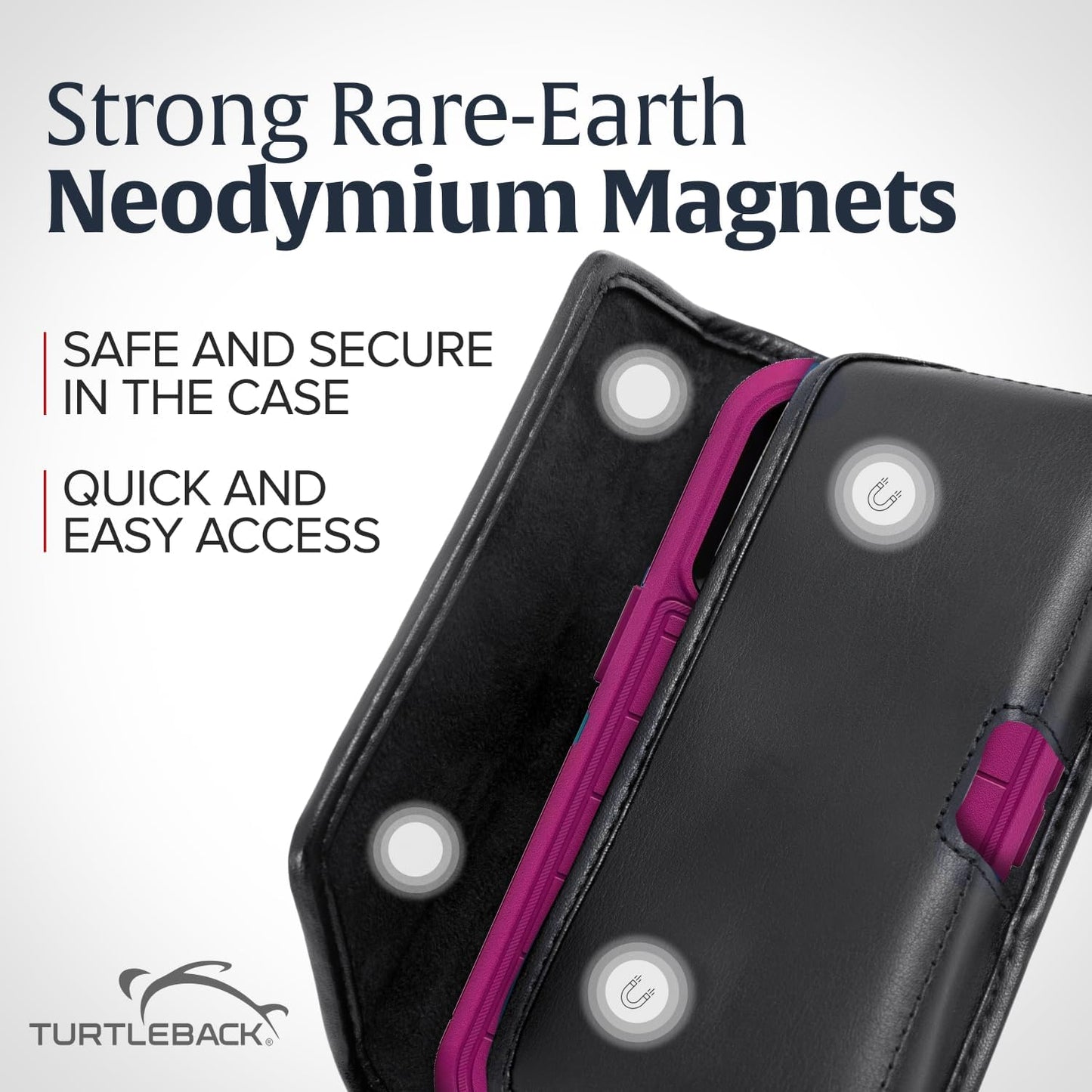 Turtleback Belt Holder for iPhone 16 Pro, 16e, 15 pro 14 Pro 13 Pro -Large- Fits w/Defender Bulky Style Cases, Premium Black Leather, Horizontal Case, Magnetic Closure Leather Wrapped Belt Clip