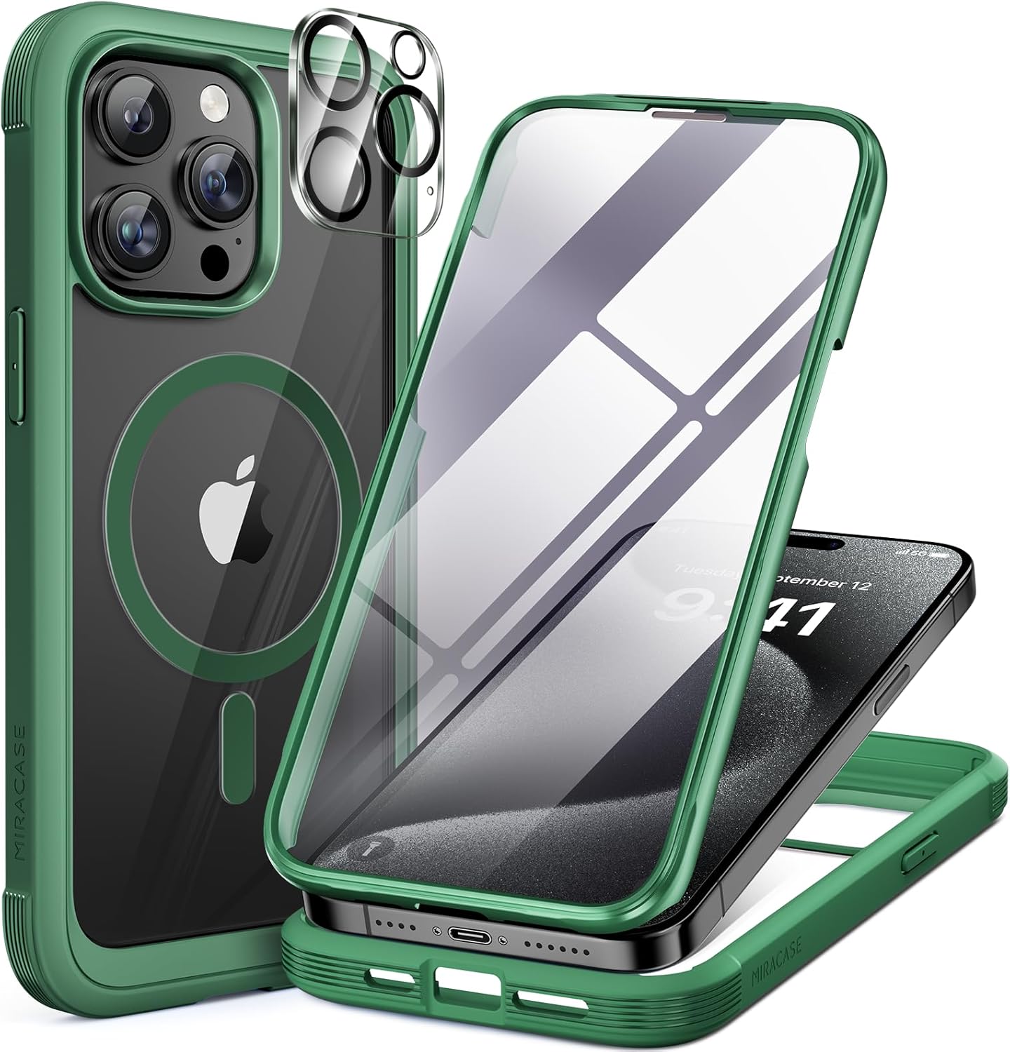 Miracase Magnetic for iPhone 15 Pro Max Case 6.7'' [Compatible with MagSafe] Full-Body Phone case with Built-in Glass Screen Protector& Camera Protector,Drop Proof 15 Pro Max Cover,Magnetic Green