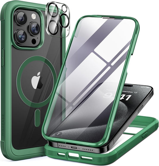 Miracase Magnetic for iPhone 15 Pro Max Case 6.7'' [Compatible with MagSafe] Full-Body Phone case with Built-in Glass Screen Protector& Camera Protector,Drop Proof 15 Pro Max Cover,Magnetic Green