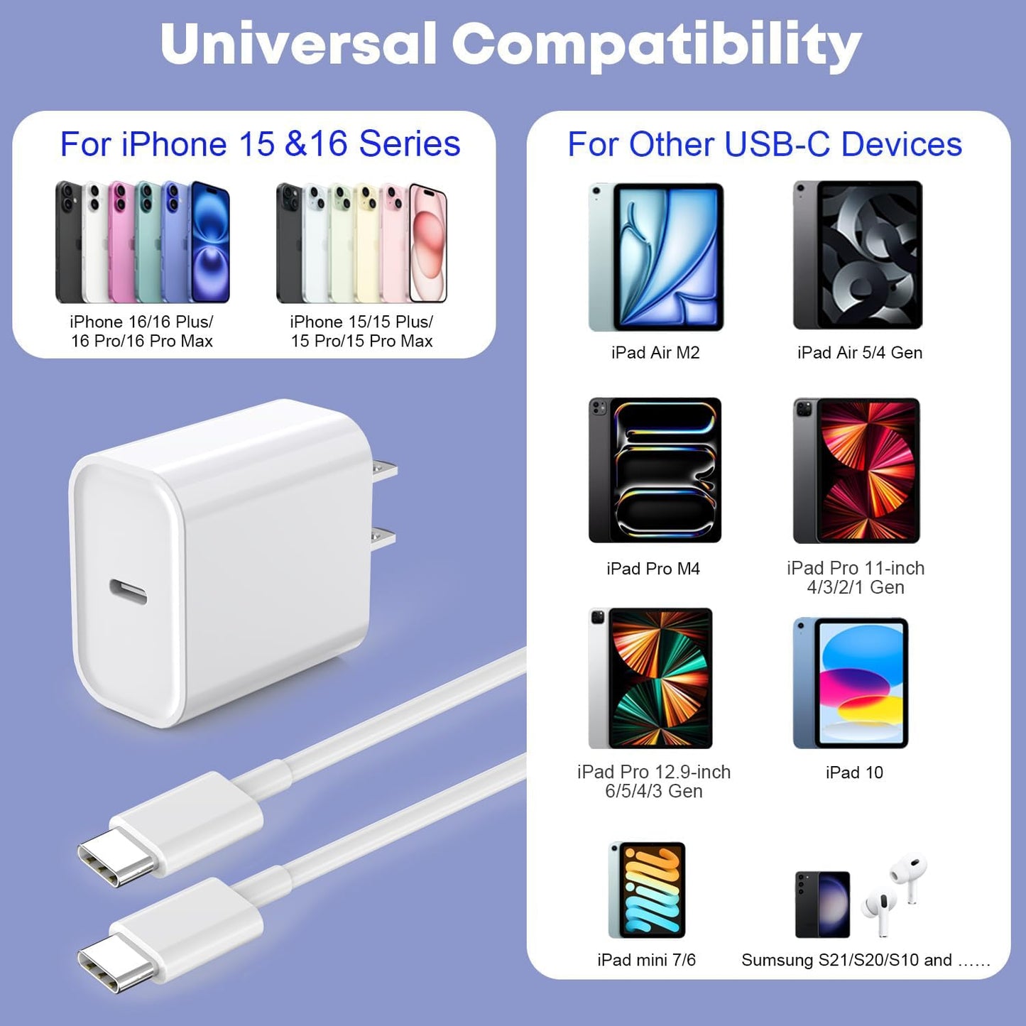 Fast Charger for iPhone 16/15 Charger,10FT Extra Long Fast Charging 3Pack USB-C Wall ChargerBlock USB C To USB C Fast Charging Cable Cord for iPhone 16 Pro Max/iPhone 15 Pro/15 Plus,iPad Pro/Air/Mini