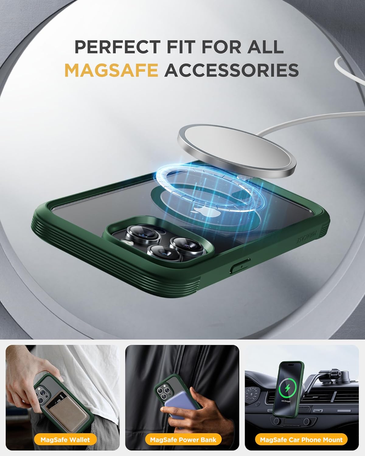 Miracase Magnetic for iPhone 12 Pro Max Case [Compatible with MagSafe] Full-Body Phone case with Built-in Glass Screen Protector& Camera Protector, Military Drop Proof 12 Pro Max Cover, Green