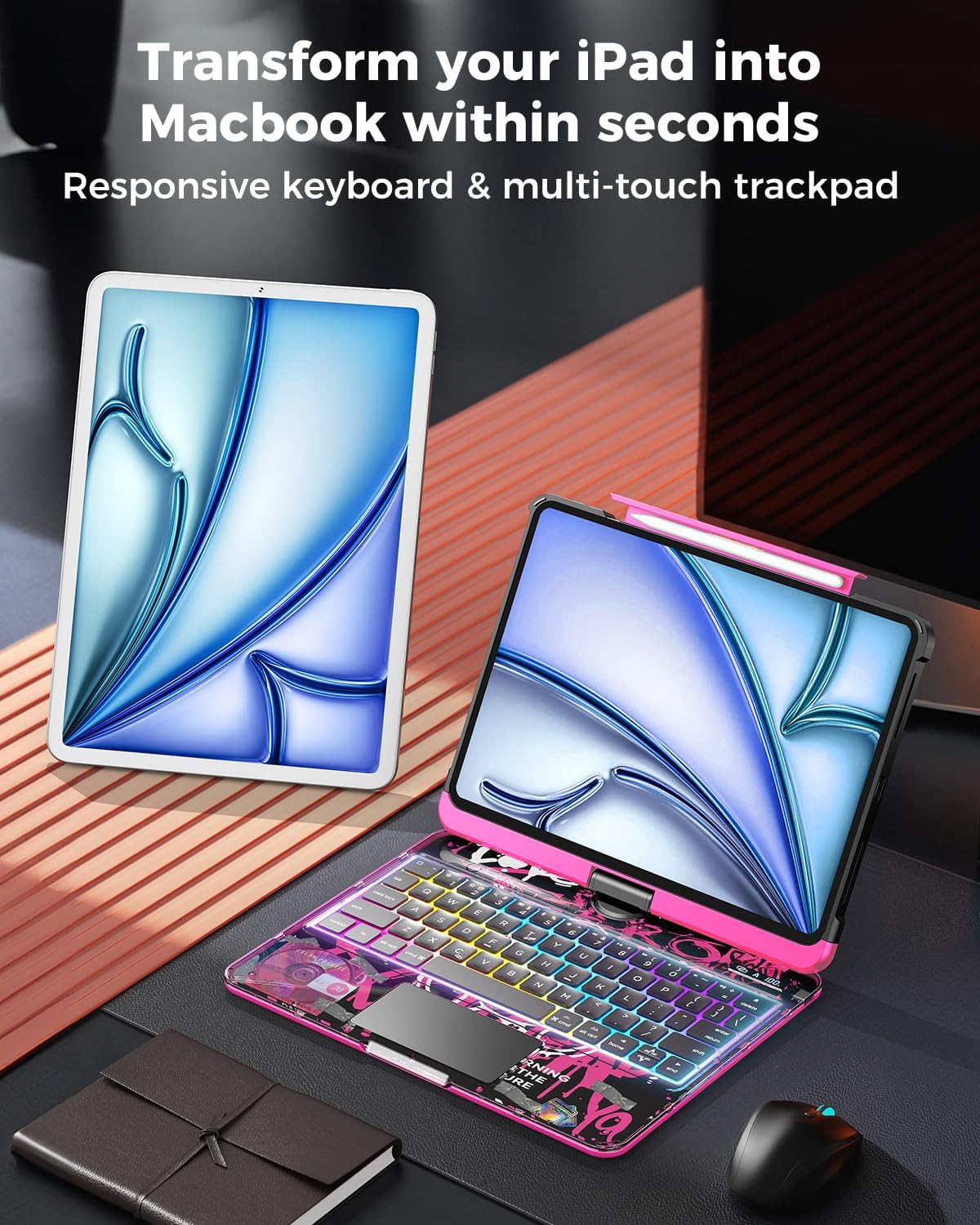 SIEBITU Clear Wireless Keyboard Case for iPad Air 11-inch (M3 2025/M2 2024) & iPad Pro 11-inch 4th 3rd 2nd 1st Gen, 7-Color Backlit with Multi-Touch Trackpad for 10.9" iPad Air 4th/5th Gen, Pink