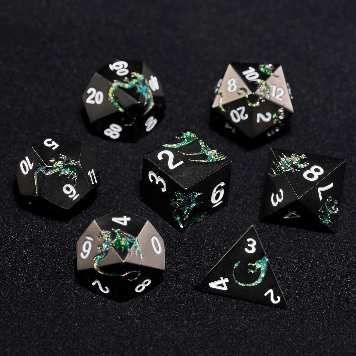 D&D Dice Set Metal Dragon Polyhedral DND Dice Set with Dragon Gift Box for Game Dice Dungeons and Dragons TTRPG(Black with Glitter Green Dragon)