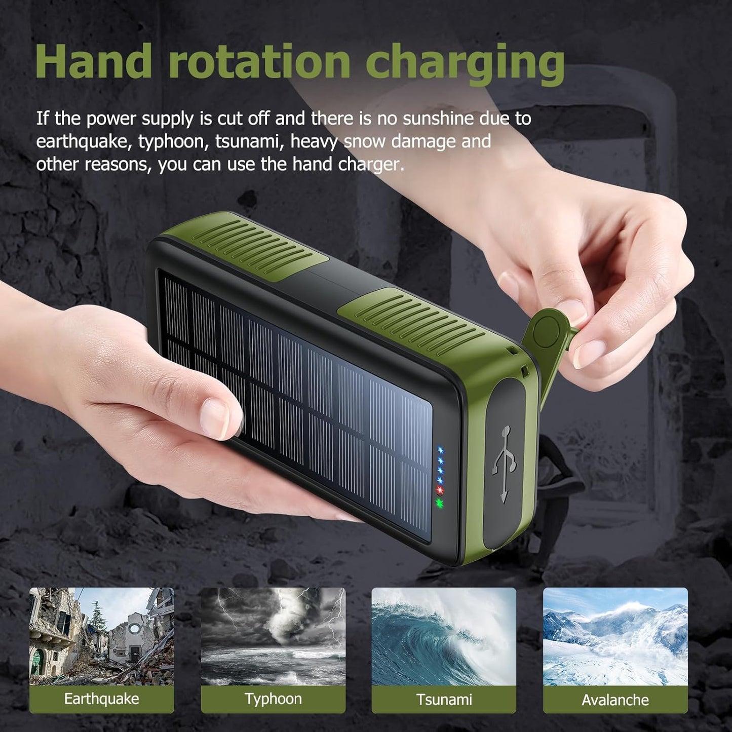 Solar Charger Power Bank 63200mAh, Portable Charger with Dual Outputs & Dual Inputs 4 LEDs Flashlight, Hand Crank Power Bank Fast Charging Battery Pack for Outdoor Camping Survival Gear (army green)