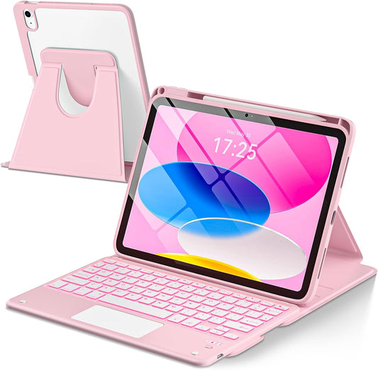 TaIYanG Touchpad for iPad A16 11th/10th Generation Case with Keyboard, 7 Color Backlit 360 Rotation Cover with Pencil Holder,Detachable Keyboard for iPad 11 inch 2025/10th Gen 10.9'' 2022 (Light Pink)