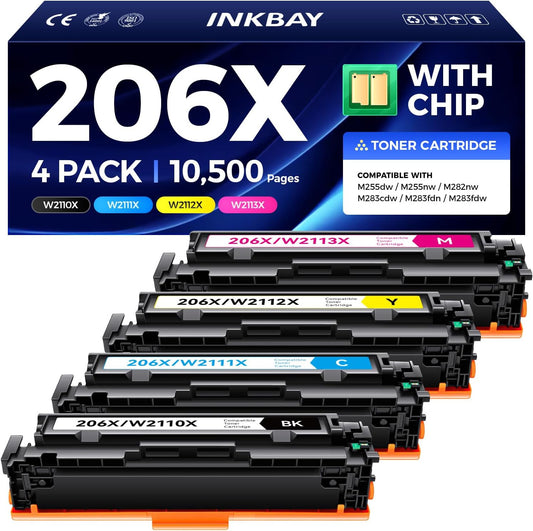 206X Toner Cartridges High Yield with Chip Replacement for HP 206X 206A Toner Compatible with Color LaserJet Pro M255dw M255nw MFP M282nw M283cdw M283fdn M283fdw Printer W2110X W2110A (4 Pack-B/C/Y/M)