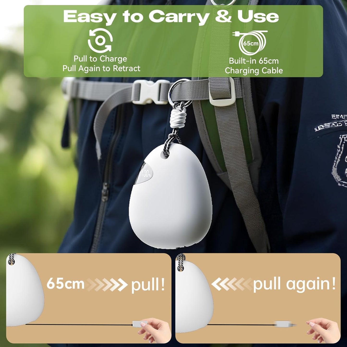 Vivilumens Portable Charger Power Bank 10000 mAh 65CM Fast-Charging Retractable Cable Outdoor Wearable Battery Pack USB-C Lightning for iPhone Smart LED Display for Hiking Camping Backpacking