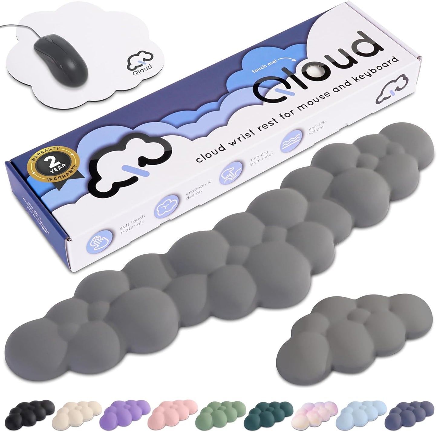 Qloud Cloud Wrist Rest Keyboard Wrist Rest for Computer Keyboard Pad, Cloud Keyboard Wrist Rest, Wrist Pad for Keyboard, Memory Foam, Non Slip Base, Comes with Mouse Pad - Soft Gray