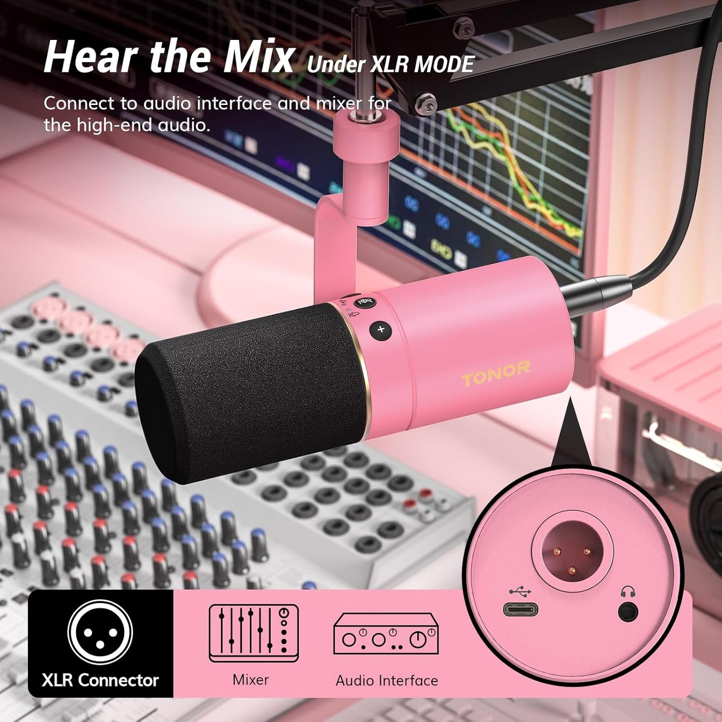 TONOR Dynamic Microphone, XLR/USB Microphone for Podcast, Recording, Streaming, Gaming, XLR Cardioid Studio Mic with Quick Mute, 3.5mm Headphone Jack, Volume Control, Mic with Boom Arm, Pink, TD510+