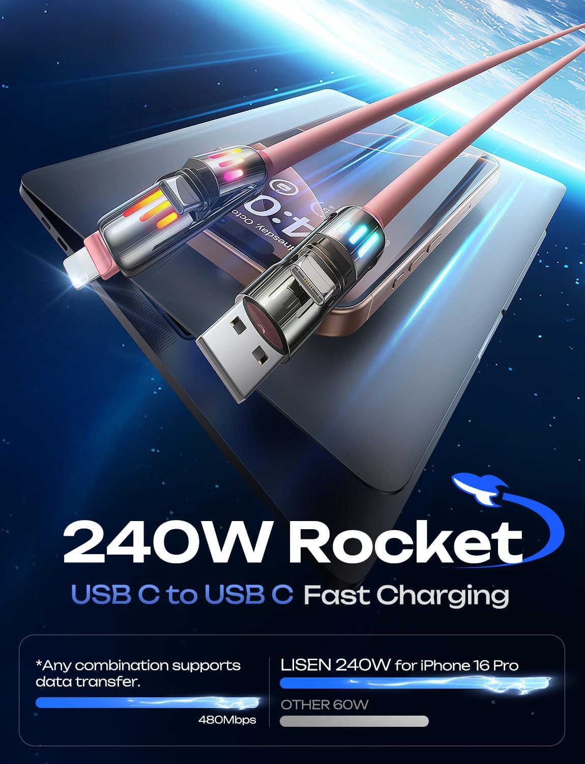 LISEN Pink iPhone Charger Cable, 240W Chubby USB C, 4 in 1 Charging Cable (6.6FT) with Light, USB A/C to C/L Multi Charging for iPhone 16 15 14 Pro Max/MacBook/iPad Pro/Samsung, Pink Accessories