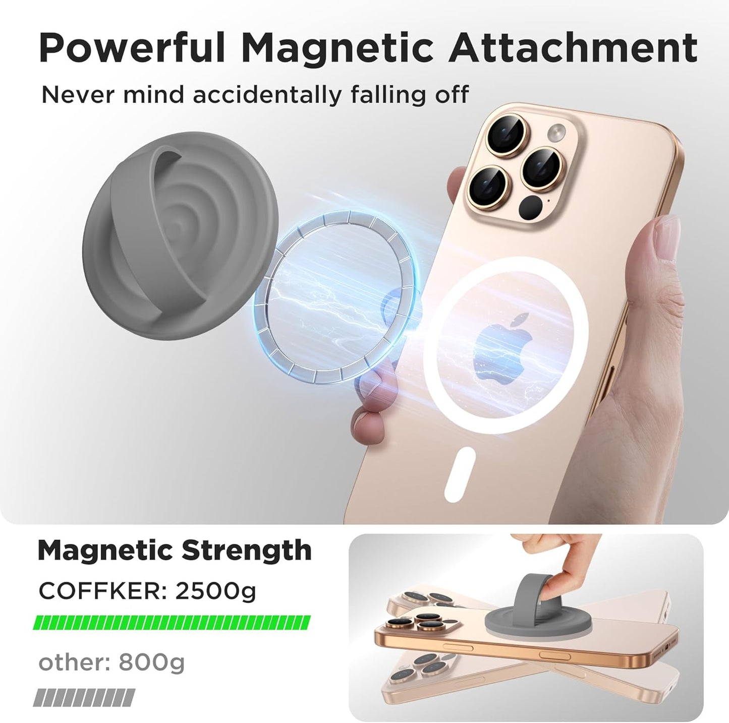 Magnetic Phone Ring Grip Holder, Silicone Finger Loop Grip, Compatible with MasSafe, Back of Phone for iPhone Pro Max/Plus/16/15/15/14/13/12 Series, Gray