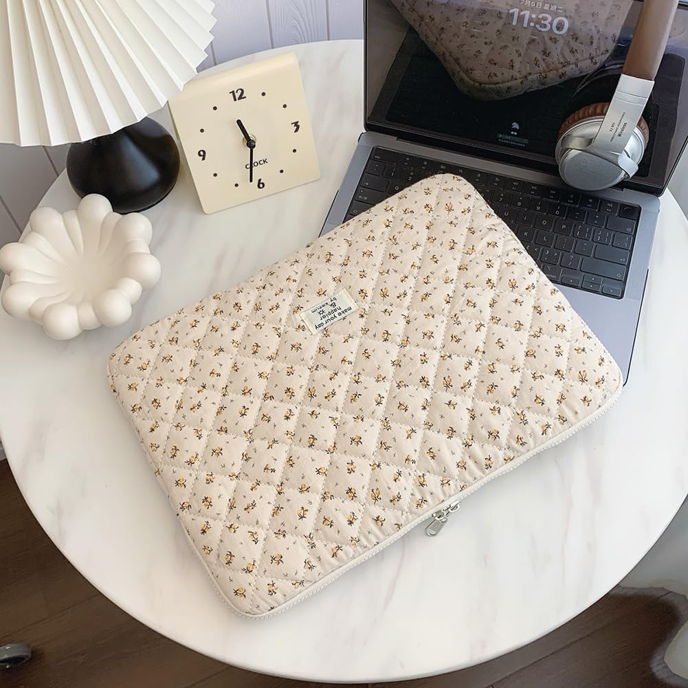 Puffy Laptop Sleeve 13-15.6 Inch Cute Quilted Laptop Protective Case Padded Floral Computer Sleeve for MacBook (A-Yellow, 15 Inch)