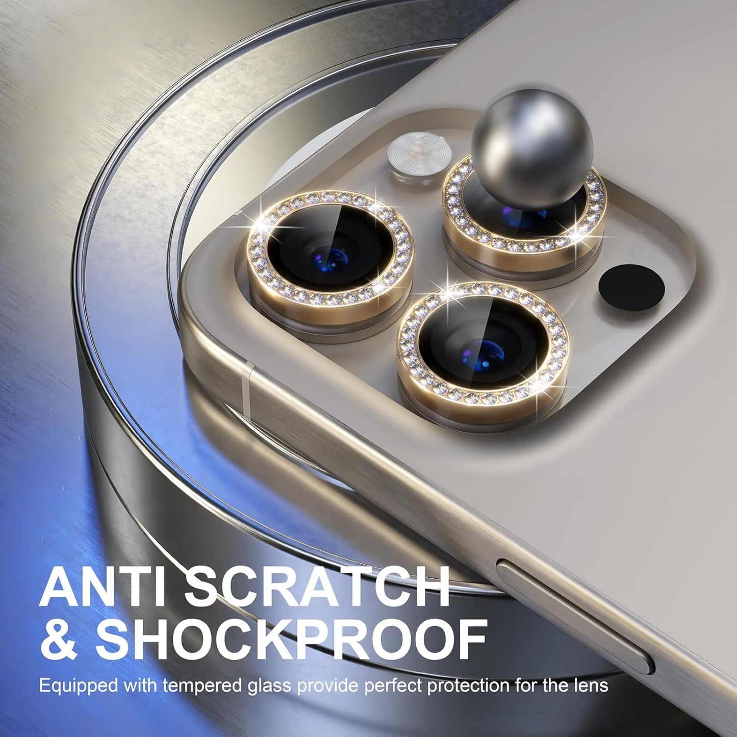 Choiche Compatible for iPhone 15 Pro/iPhone 15 Pro Max Camera Lens Protector Bling, 9H Tempered Glass Camera Cover Screen Protector Metal Ring Decoration Accessories (Diamond-Gold)