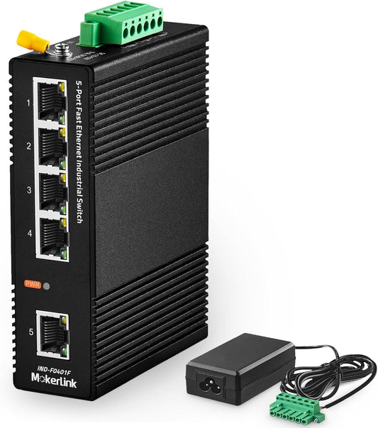 MokerLink 5 Port Industrial DIN-Rail Network Switch, 10/100Mbps Fast Ethernet, IP40 Rated Network Switch (-40 to 185°F), with UL Power Supply
