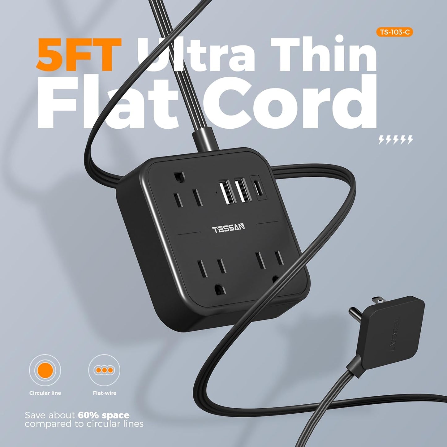 Surge Protector Power Strip, TESSAN Flat Extension Cord 5 FT with USB Ports (1 USB C) and 3 Outlets, Ultra Thin Flat Plug Wall Charger for Home, Office, School, Dorm Room Essentials, Black