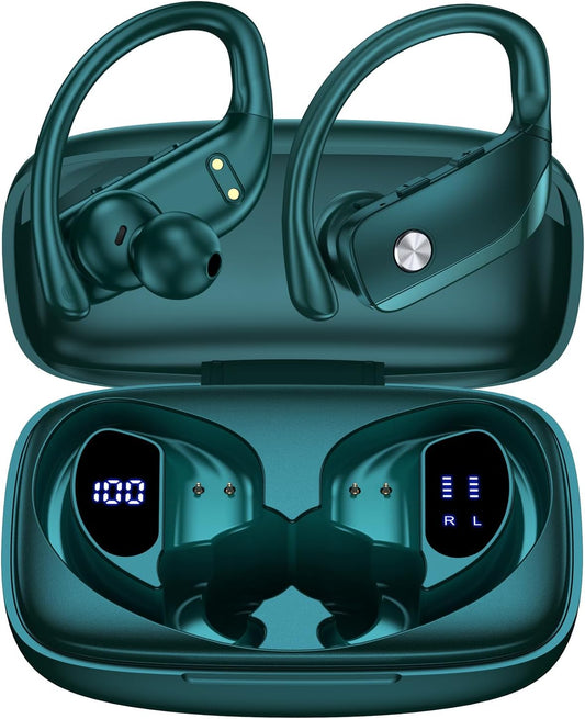 bmanl Wireless Earbuds Bluetooth Headphones 48hrs Play Back Sport Earphones with LED Display Over-Ear Buds with Earhooks Built-in Mic Headset for Workout Green