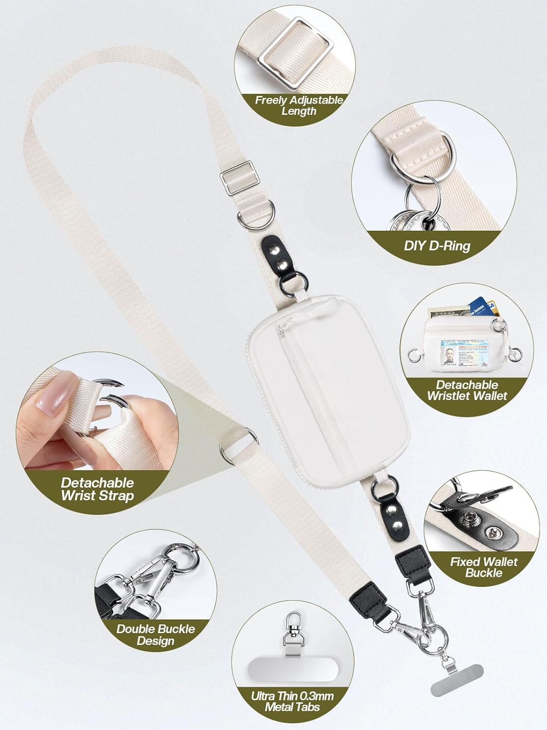 Clip and Go Strap for Phone with Wallet Crossbody Phone Lanyard Adjustable and Detachable RFID Wristlet Wallet with ID Window and Zipper, Cream(L)
